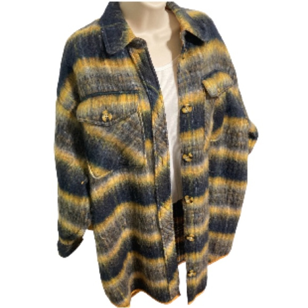 URBAN OUTFITTERS UO Emelie Plaid Longline Shirt Jacket Yellow Blue Gray XS